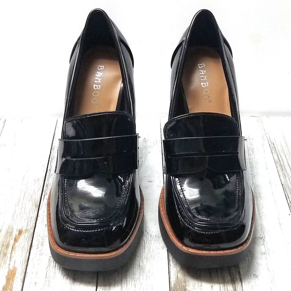 New Black Patent Square Toe Platform Penny Loafers Chunky Heels - Picture 3 of 4